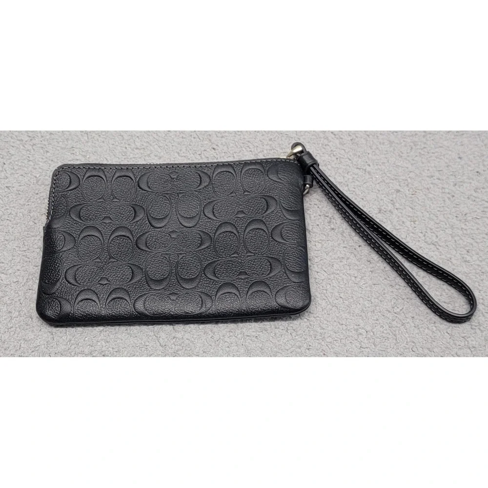 Coach Pouch Wallet Womens Black Leather Monogram‎ Embossed Wristlet